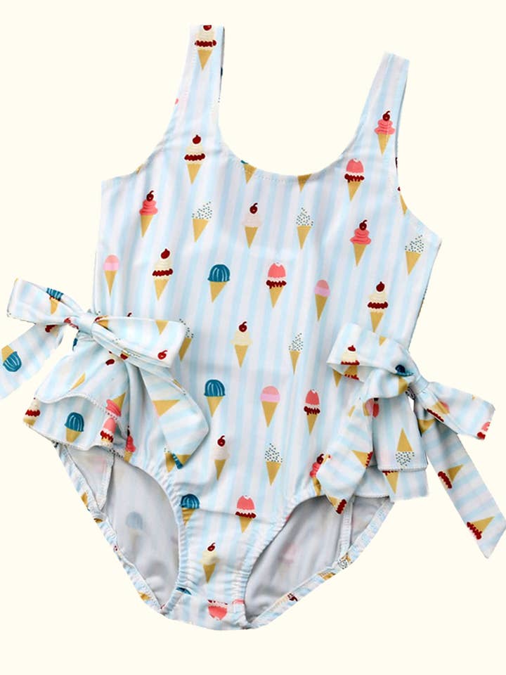 Fennco Styles - Wholesale One Piece Swimsuit - Kids - Ice Cream Bowknot Ruffled Light Blue 1pcs Girl Swimsuit