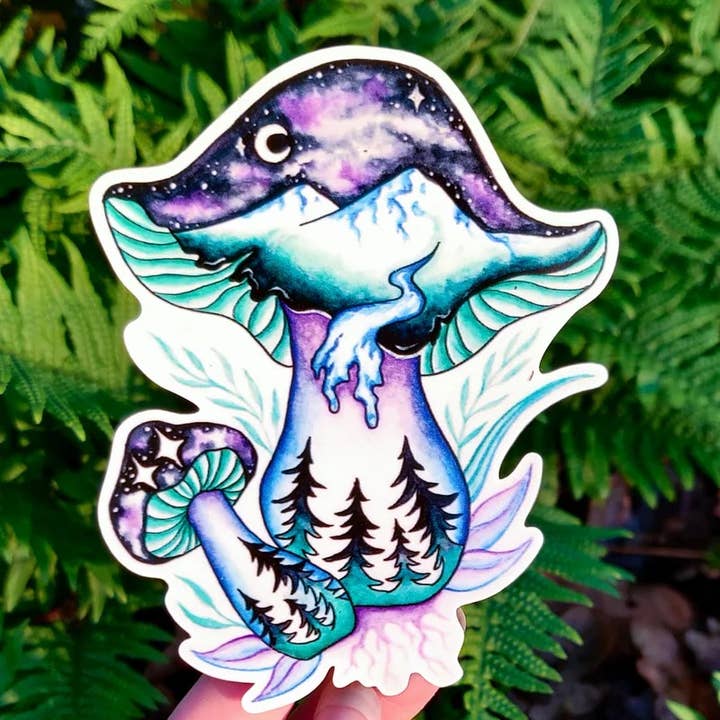 Crafted from Scratch - Wholesale Sticker - Lucid Dreams - Vinyl Sticker Art - Mushroom Magic Nature Forest Witchy Moon Galaxy Mountain Foraging Tarot Watercolor Small Mini Sticker