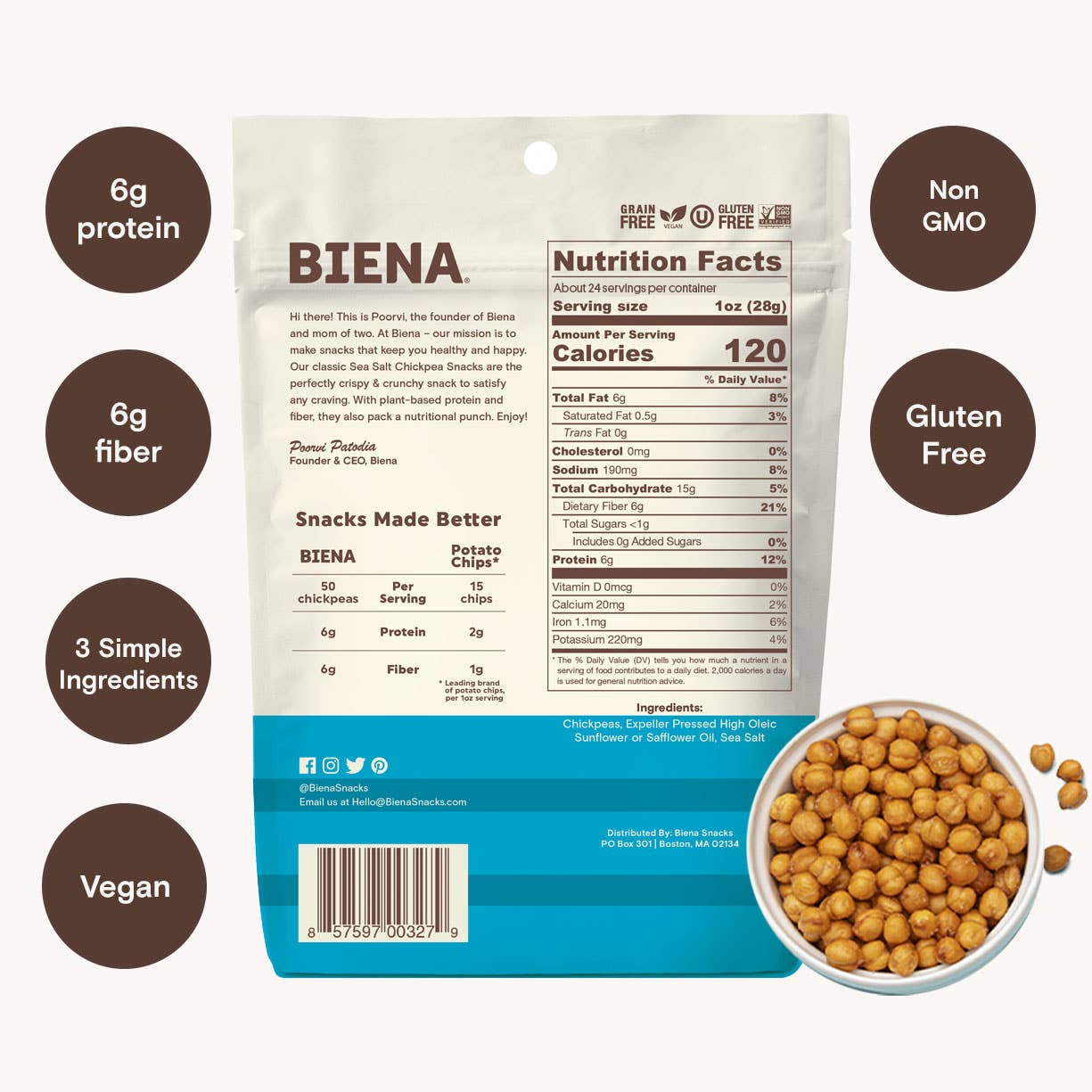 Biena Snacks - Wholesale Nuts - BIENA Roasted Chickpea Snacks Sea Salt 5 oz x 8ct Case2