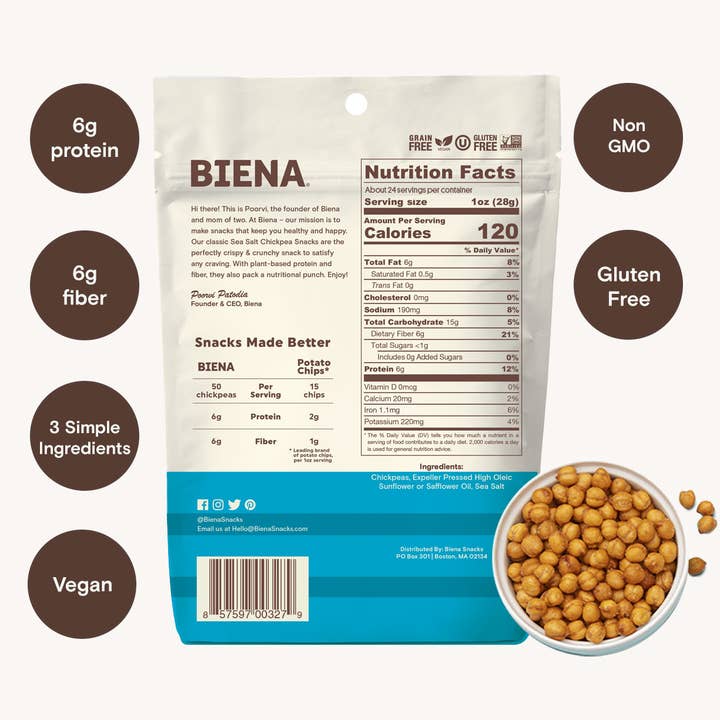 Biena Snacks - Wholesale Nuts - BIENA Roasted Chickpea Snacks Sea Salt 5 oz x 8ct Case2