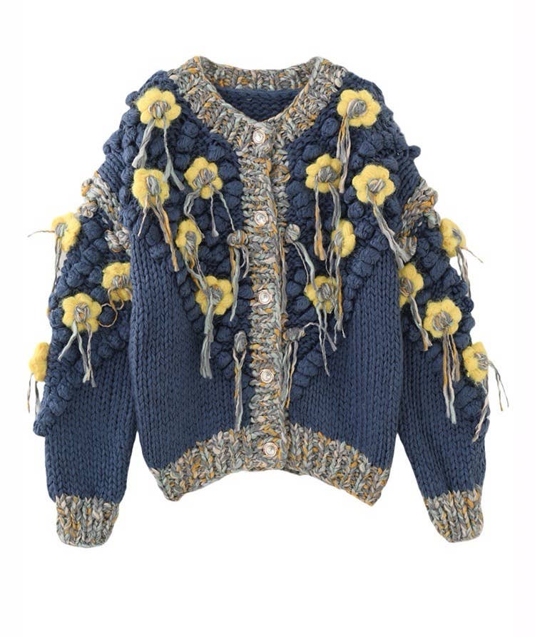 Productseeker - Wholesale Jacket - Women's - JK256 Colorblock Hand-Knitted Floral Tassel Cardigan Sweater0