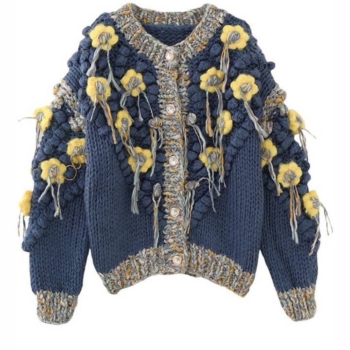 Productseeker – wholesale Jacket – Women's – JK256 Colorblock Hand-Knitted Floral Tassel Cardigan Sweater