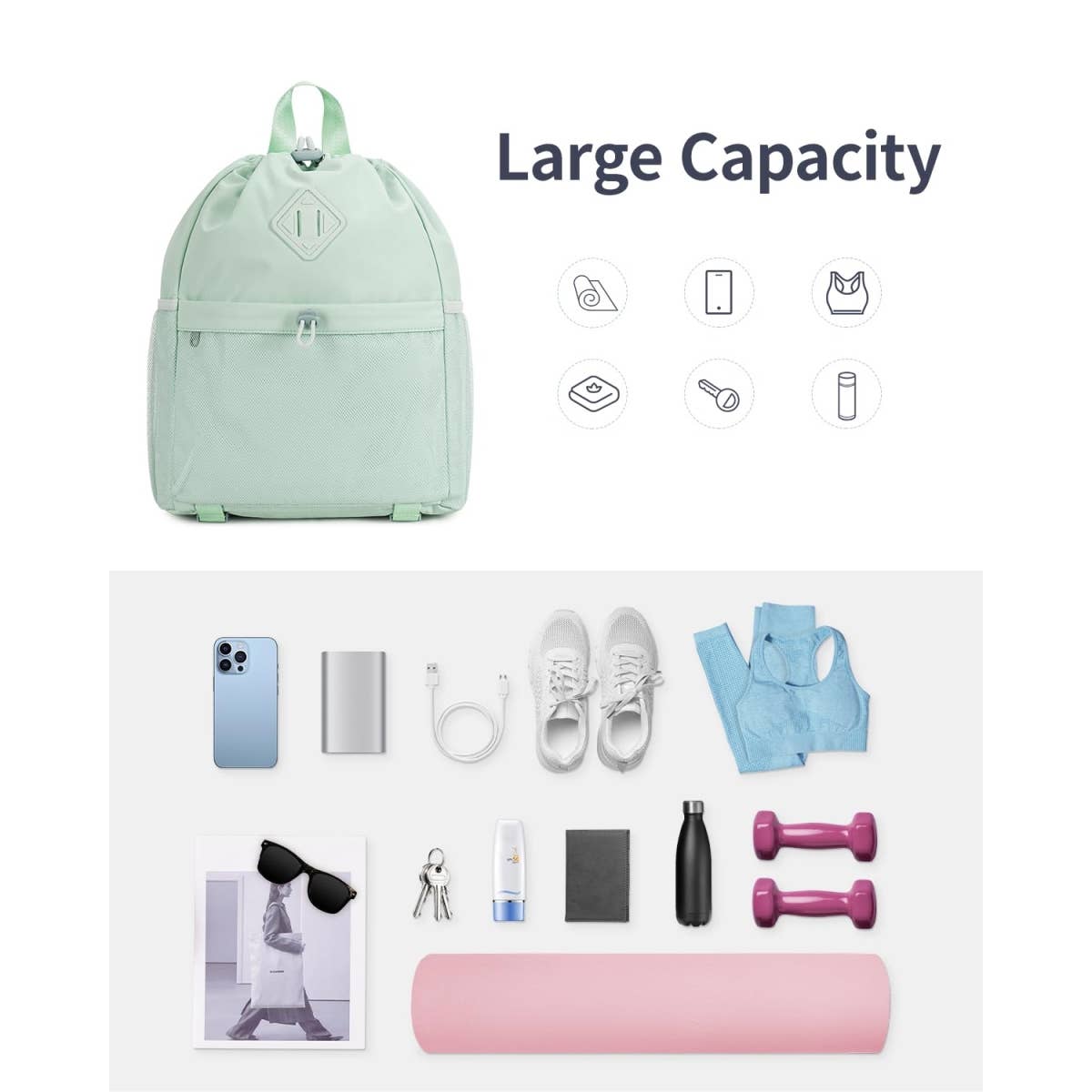 wandf - Vente Sac à cordon de serrage – unisexe - Sac à dos de sport avec cordon de serrage et sangle pour tapis de yoga66