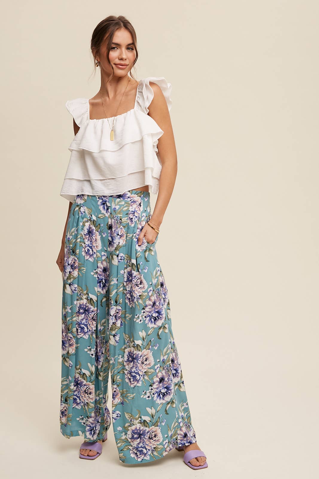 Listicle - Venta al por mayor Pantalones - Mujer - Pantalones anchos de flores con top de volantes en capas28