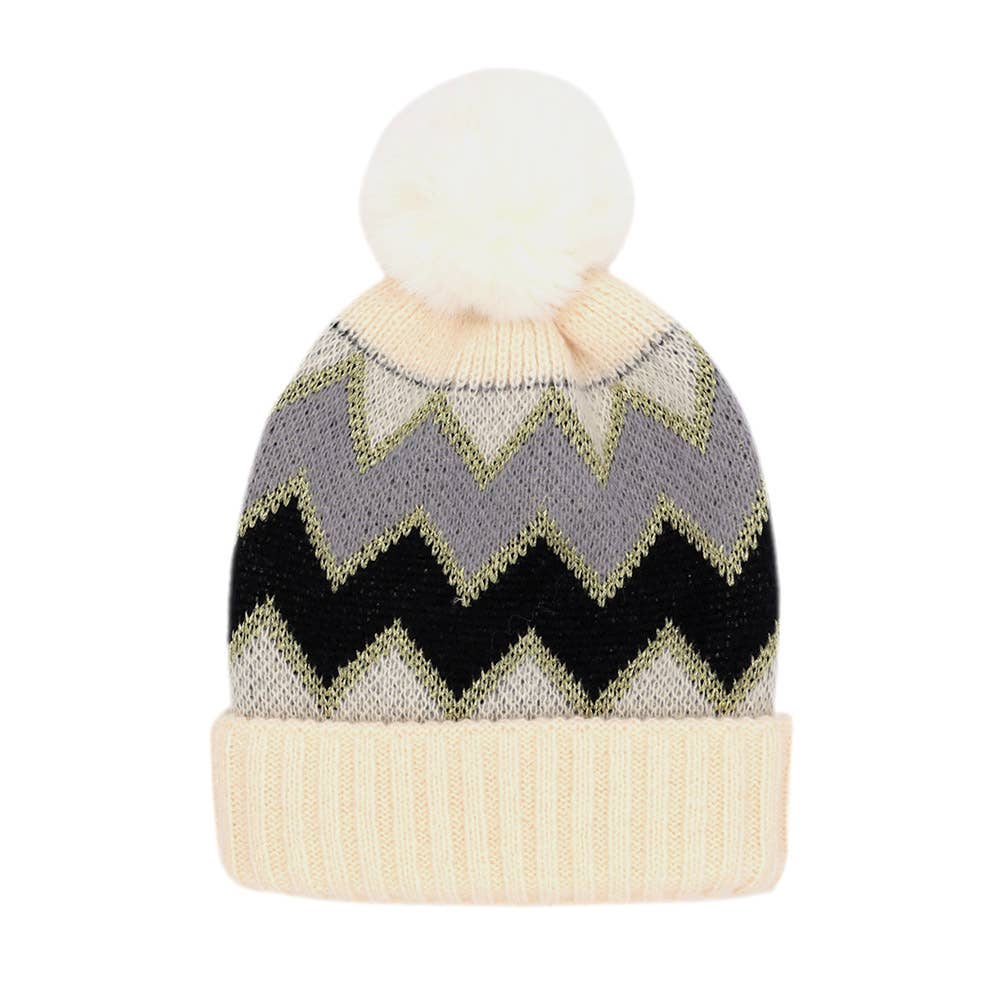 Sensibling Corp. - Wholesale Beanie - Women's - Zigzag Chevron Patterned Fuzzy Fleece Pom Pom Beanie Hat5