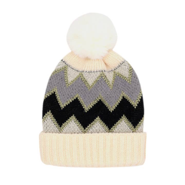 Sensibling Corp. - Wholesale Beanie - Women's - Zigzag Chevron Patterned Fuzzy Fleece Pom Pom Beanie Hat5