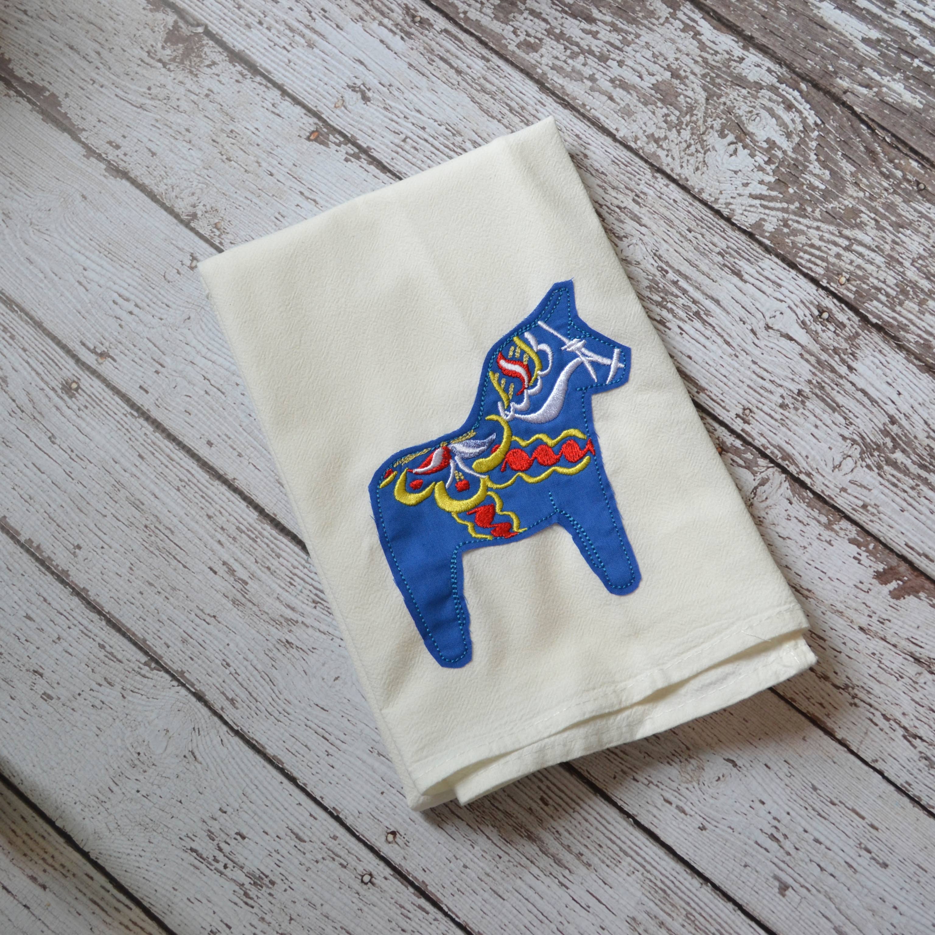SewMuchMoreStore - Wholesale Tea Towel - Dala Horse Tea Towel, Embroidered Floursack Towel1