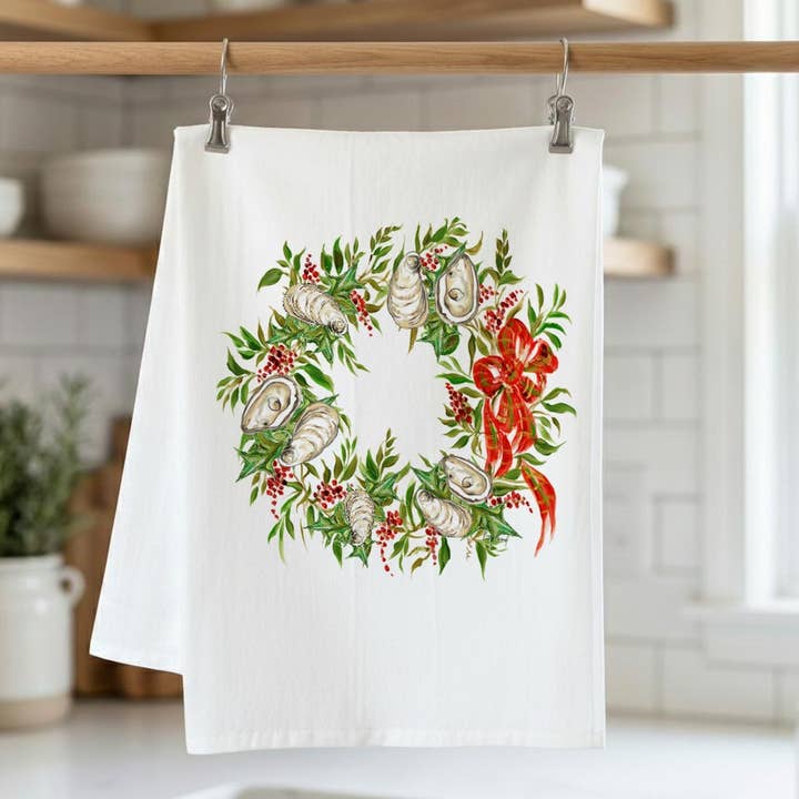 Oyster Christmas Wreath Kitchen Towel for wholesale by Pamela Cassidy Designs