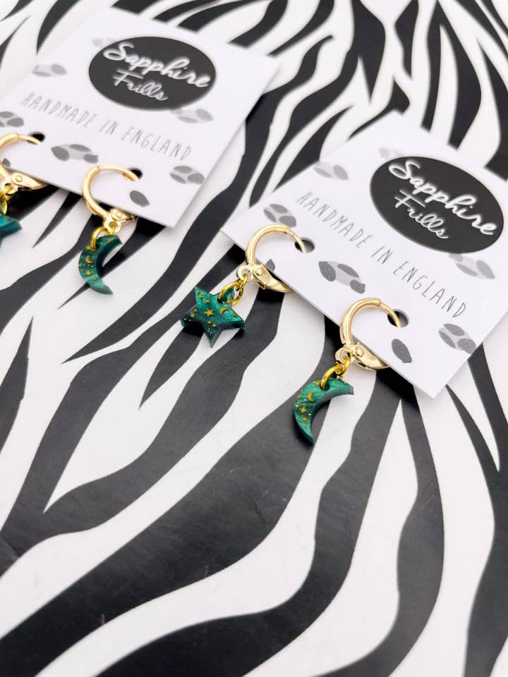 Emerald Green Glitter Marble Star & Moon 1cm Hoop Earrings for wholesale by Sapphire Frills Ltd