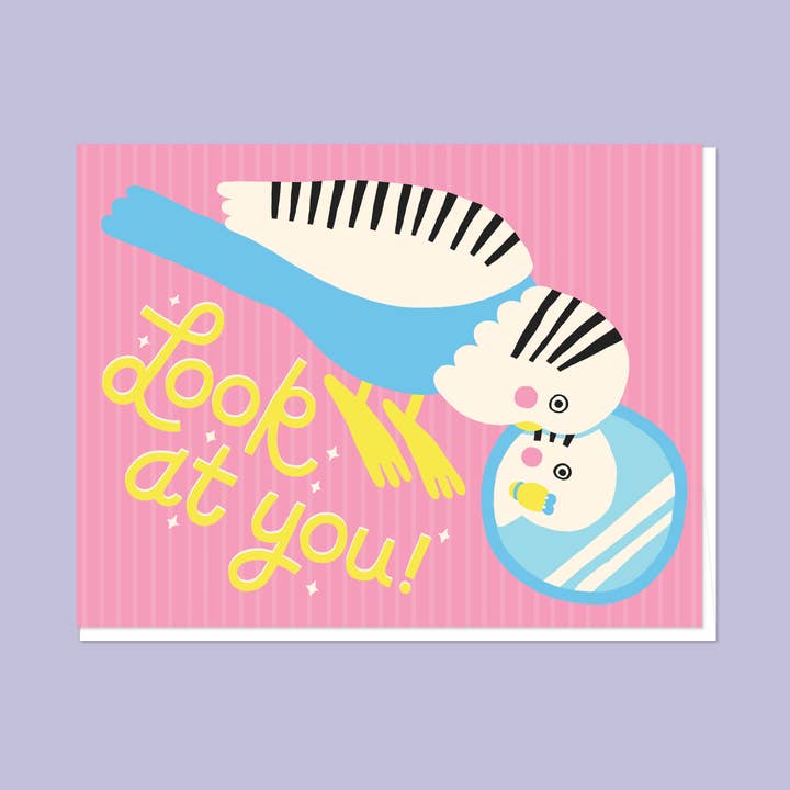 Guardati! Biglietto di auguri Parakeet per la vendita all'ingrosso da parte di Smallseeds Studio