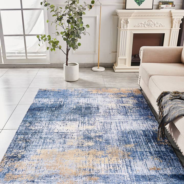 Amazing Rugs – Großhandel Teppichvorleger – Zara Abstract Design, maschinenwaschbarer Teppich in Blau und Gold8