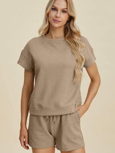 Double Take Full Size Texture Short Sleeve Top and Shorts Set for wholesale by ClassiQ