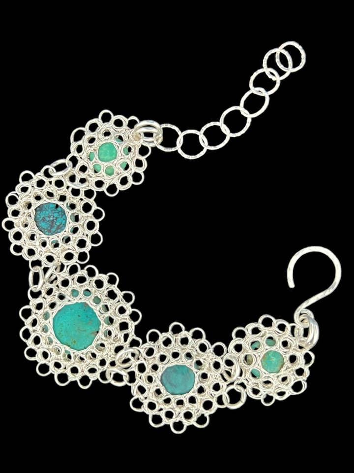 Turquoise Bracelet with Peruvian Stitch in 999 pure silver! for wholesale by Diana Wingert Jewelry