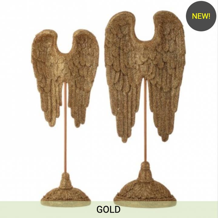 Dunn Deals - Wholesale Decorative tabletop object - 14" & 17" RESIN GILDED ANGEL WINGS ON STAND SET OF 2