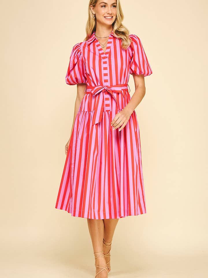 STRIPED BALLOON SLEEVE MIDI DRESS - 5357DD for wholesale by PINCH