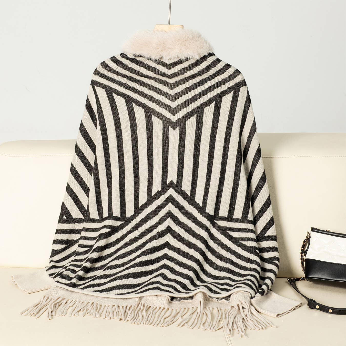 Rosa Clothing - Wholesale Cape - Women's - Stylish Striped Tassel Knitted Shawl Cape1