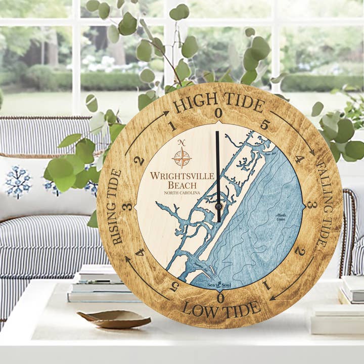 Relógio de Marés Náutico de Madeira de Wrightsville Beach 2 Tamanhos por atacado de Sea & Soul Nautical Chart Art