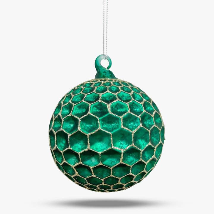 FancyFace Designs - Wholesale Ornament Set - Honeycomb Emerald Glass Ball Ornament - Set of 6