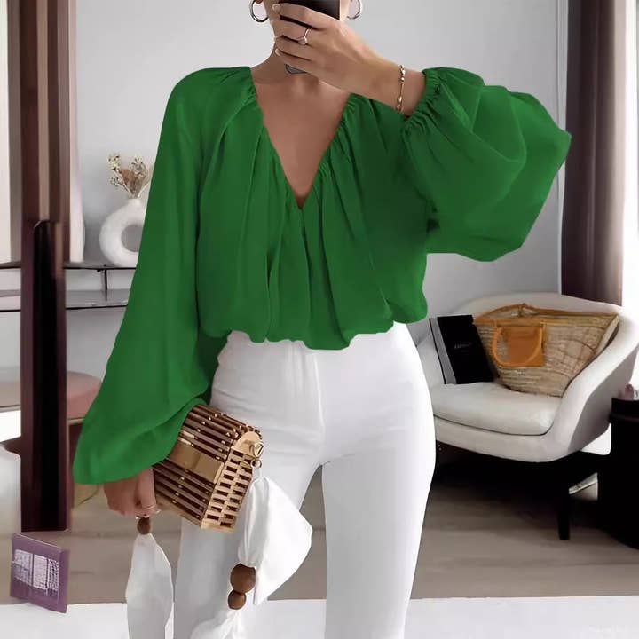 Chicto - Wholesale Blouse - Women's - Printed V-Neck Long Sleeve Shirt Elegant Women's Loose Solid