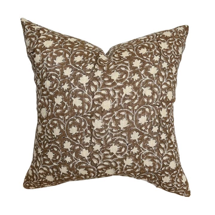 Linen & James - Wholesale Throw Pillow Cover - Murphy | Deep Brown Floral Handblock Pillow Cover