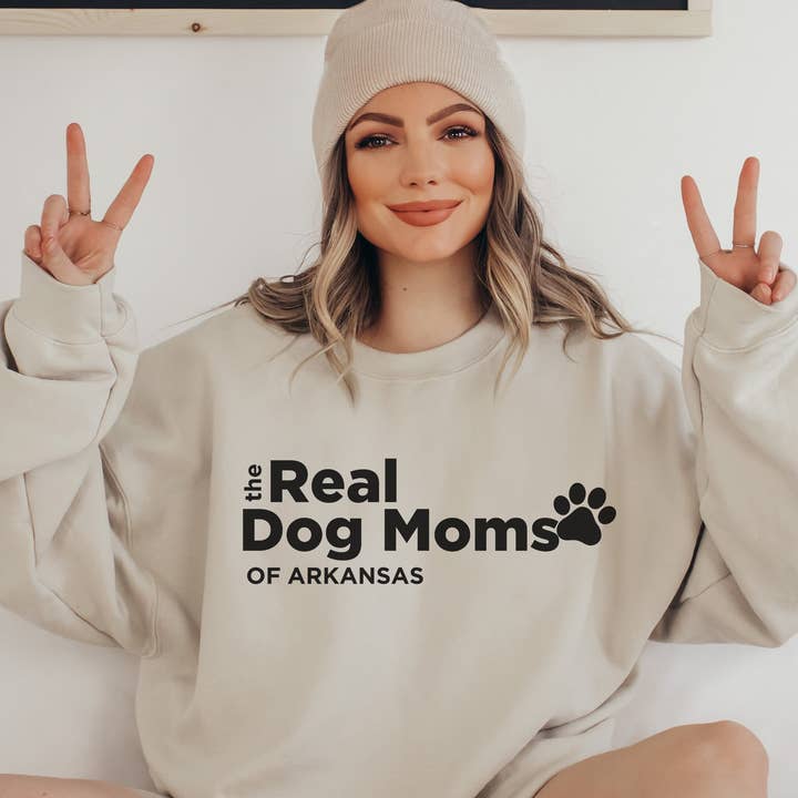 The Real Dog Moms of Arkansas, Funny Dog Mom Crewneck for wholesale by Dog Mom Apparel