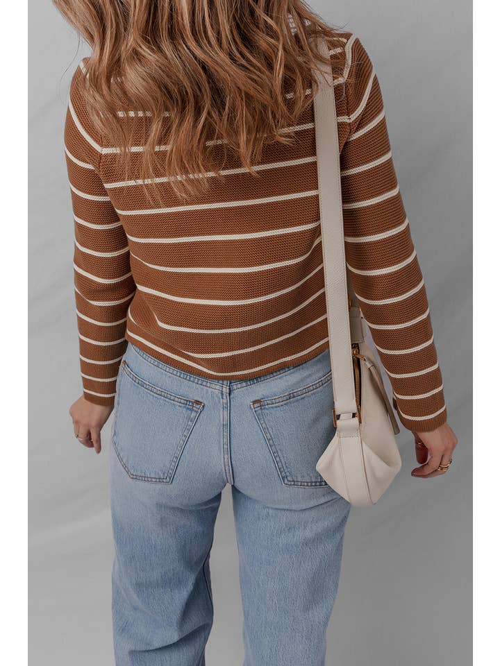 Chestnut LDC V Neck Tie Front Striped Knit Cardigan Sweater for wholesale on Faire1