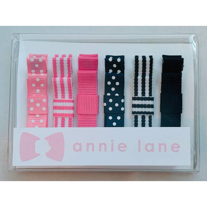 Box of 6 hair bows - pink and navy for wholesale by Annie Lane