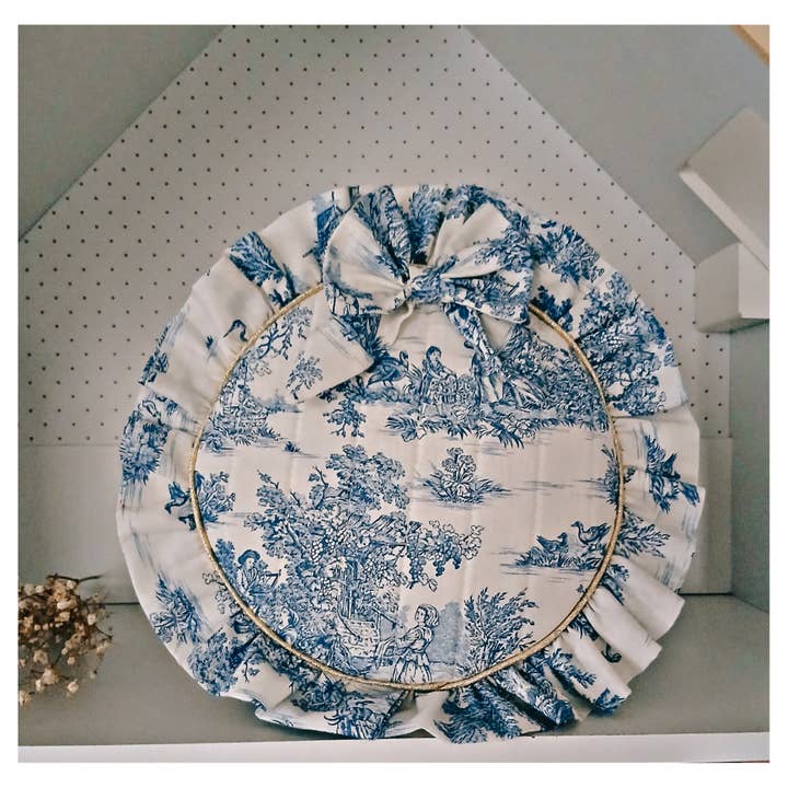 Small round backpack in blue toile de Jouy for wholesale by Isathena