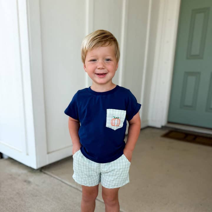 Completo corto a quadretti salvia e zucca blu navy per la vendita all'ingrosso da parte di Southern Taters