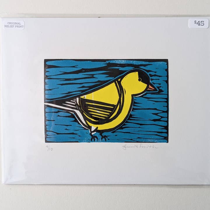 Linocut Goldfinch Art Print 8x10" Black & Yellow Bird for wholesale by Jenna Smith
