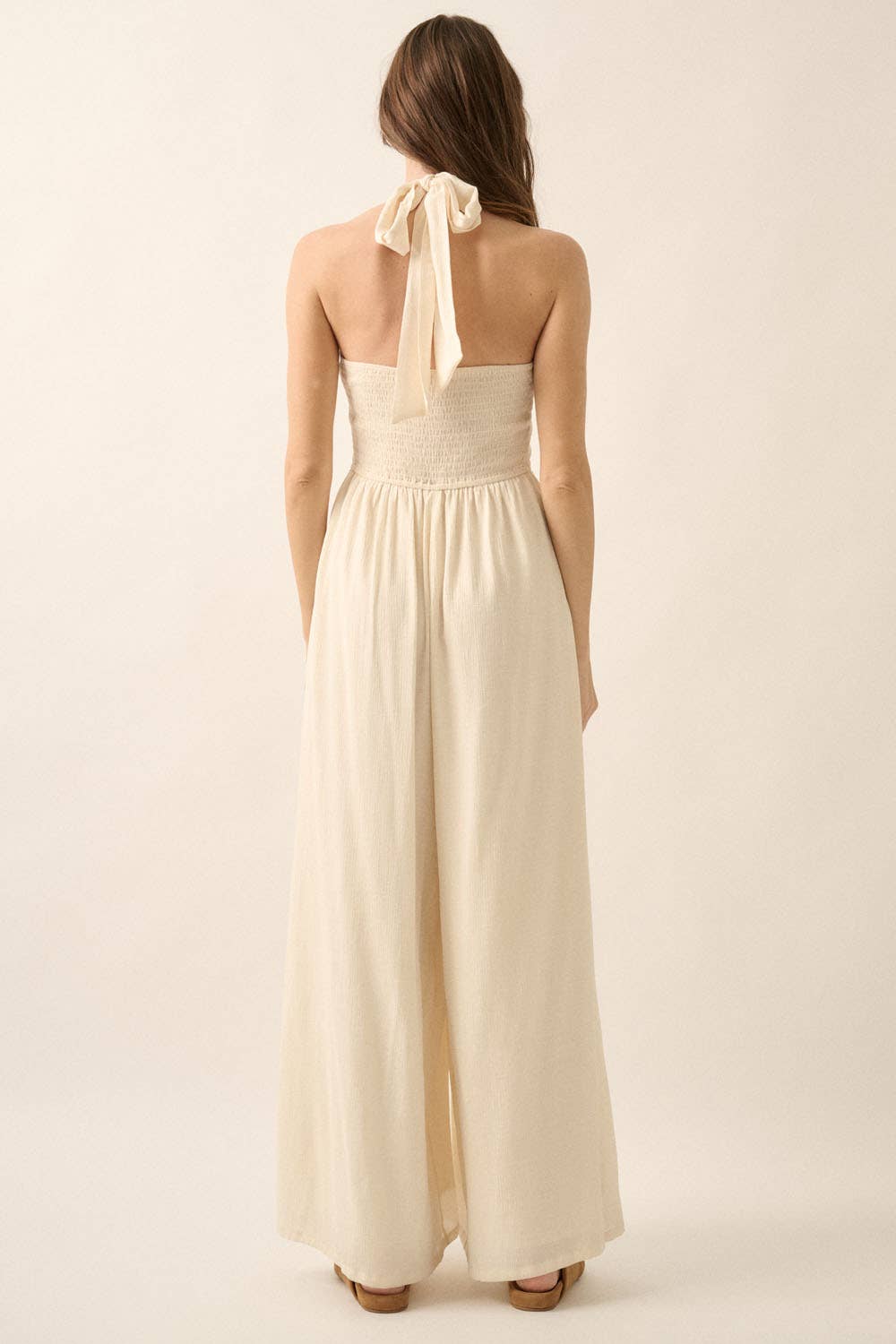 Promesa USA – Macacão - Mulher por atacado – Macacão de Perna Larga com Decote Halter em Mistura de Algodão Sólido5