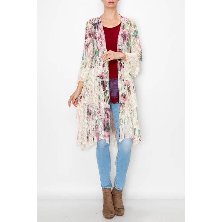Boho Inspired Lace Duster With Bell Sleeves - U052 BIG ROSE for wholesale by Origami Apparel ~ Lace and Crochet inspired