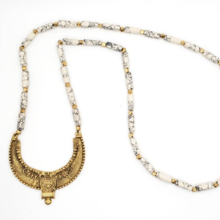 Baizaar - Wholesale Pendant/Charm Necklace - Ceramic and Brass Beaded Tribal Crescent Necklace