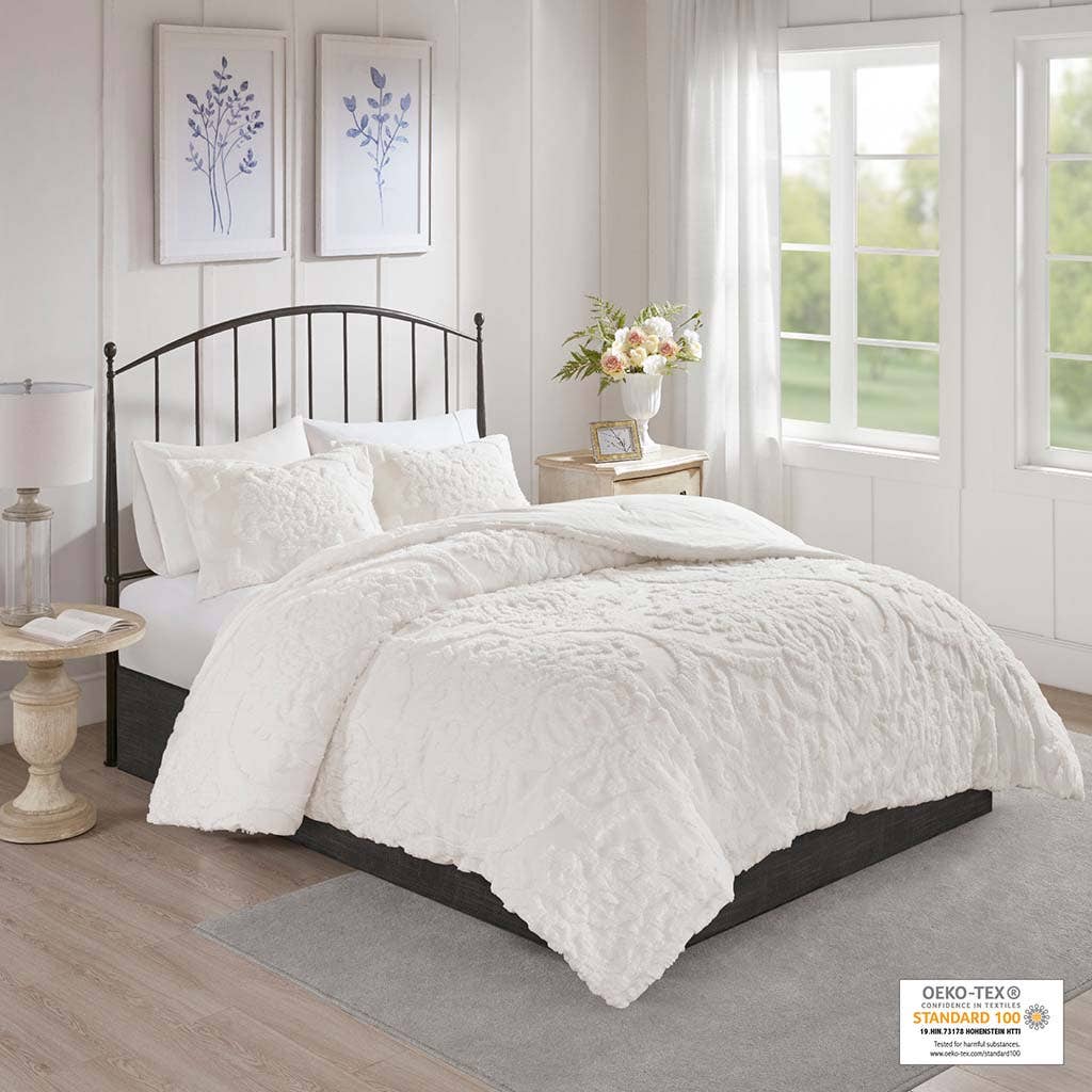 Olliix - Wholesale Bedding Set - Tufted Chenille Damask Comforter/Duvet Cover Mini Set, White1