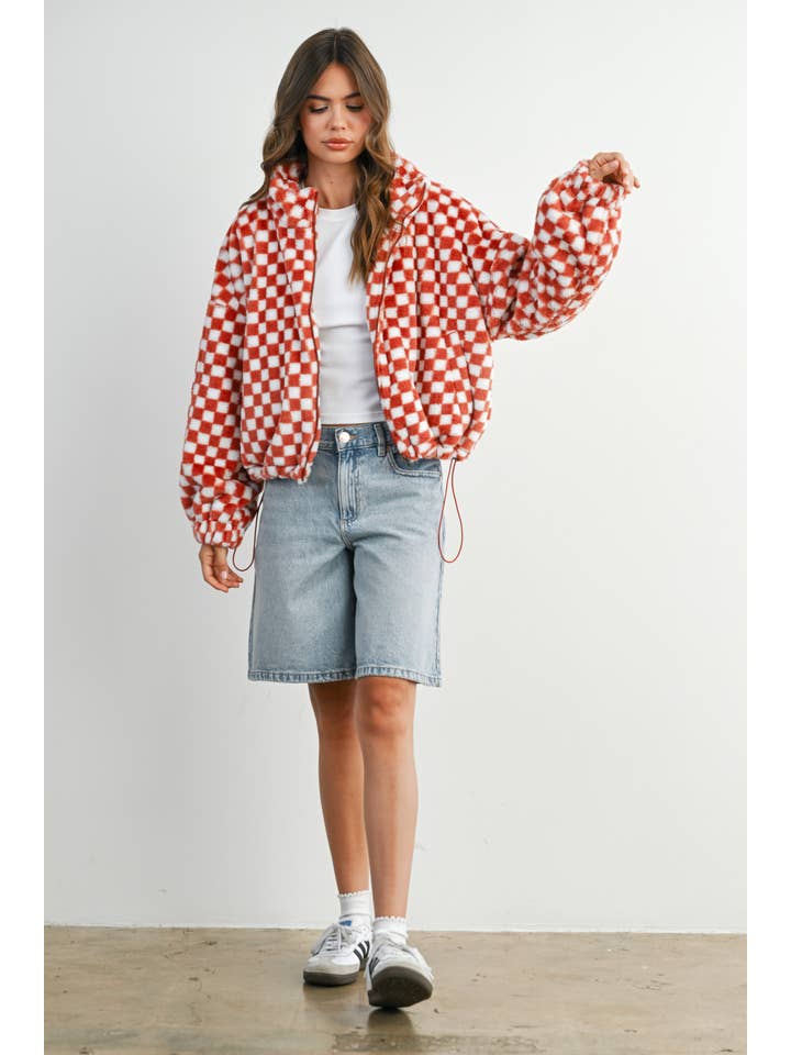 BUTTERMELON - Wholesale Jacket - Women's - Fall Winter Checker Teddy Fall Jacket - BMJ7003