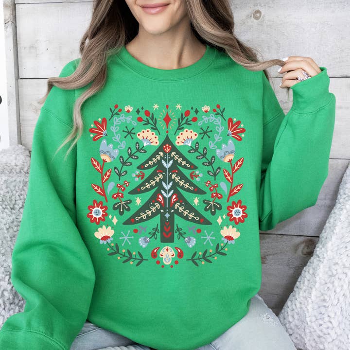 Refinery Number One LLC - Wholesale Graphic Sweatshirt - Unisex - Christmas Tree Folk Art, Scandinavian Floral Sweatshirt