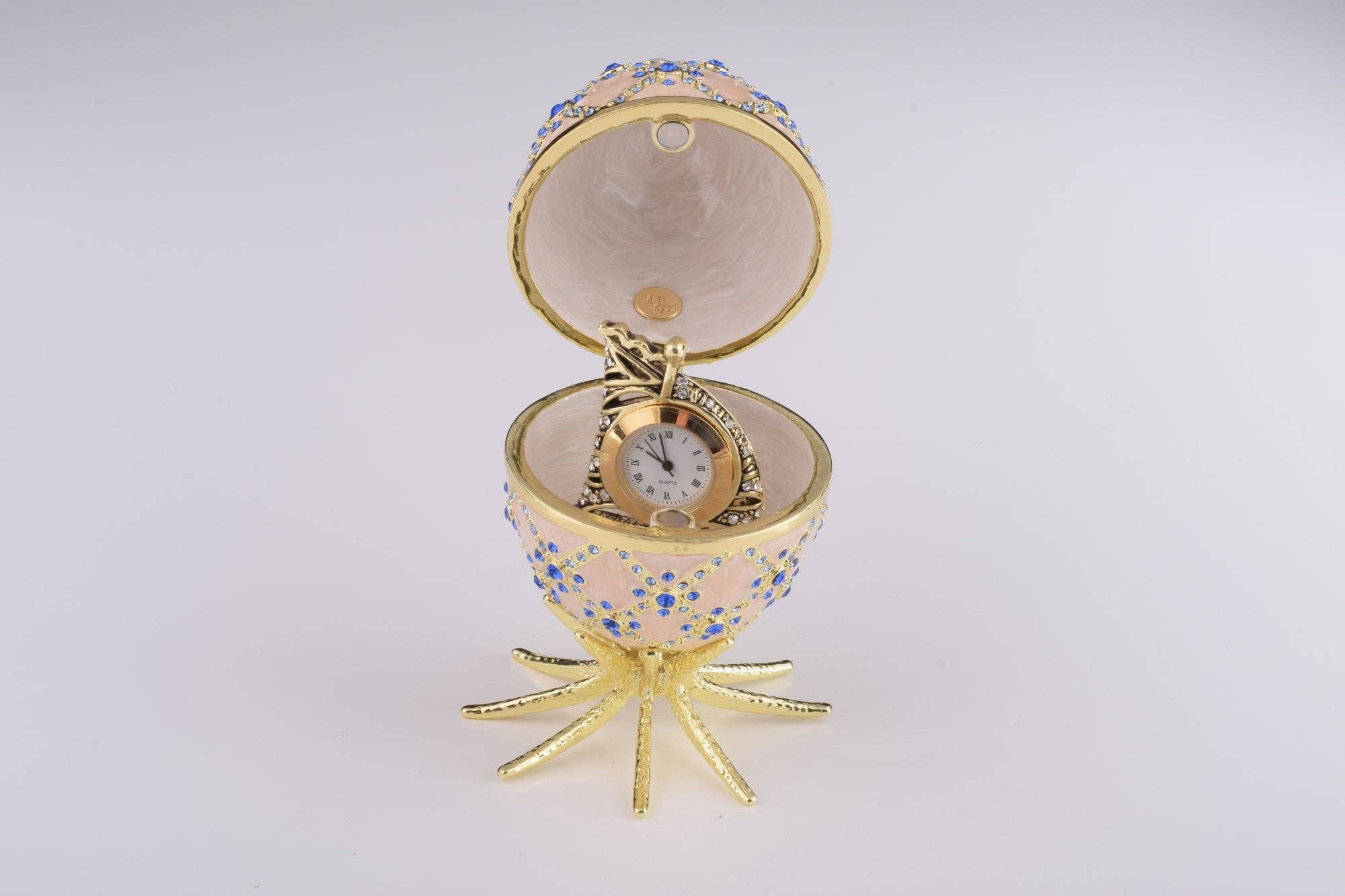 Keren Kopal - Venta al por mayor Cajas decorativas - Huevo Fabergé rosa con reloj en el interior3