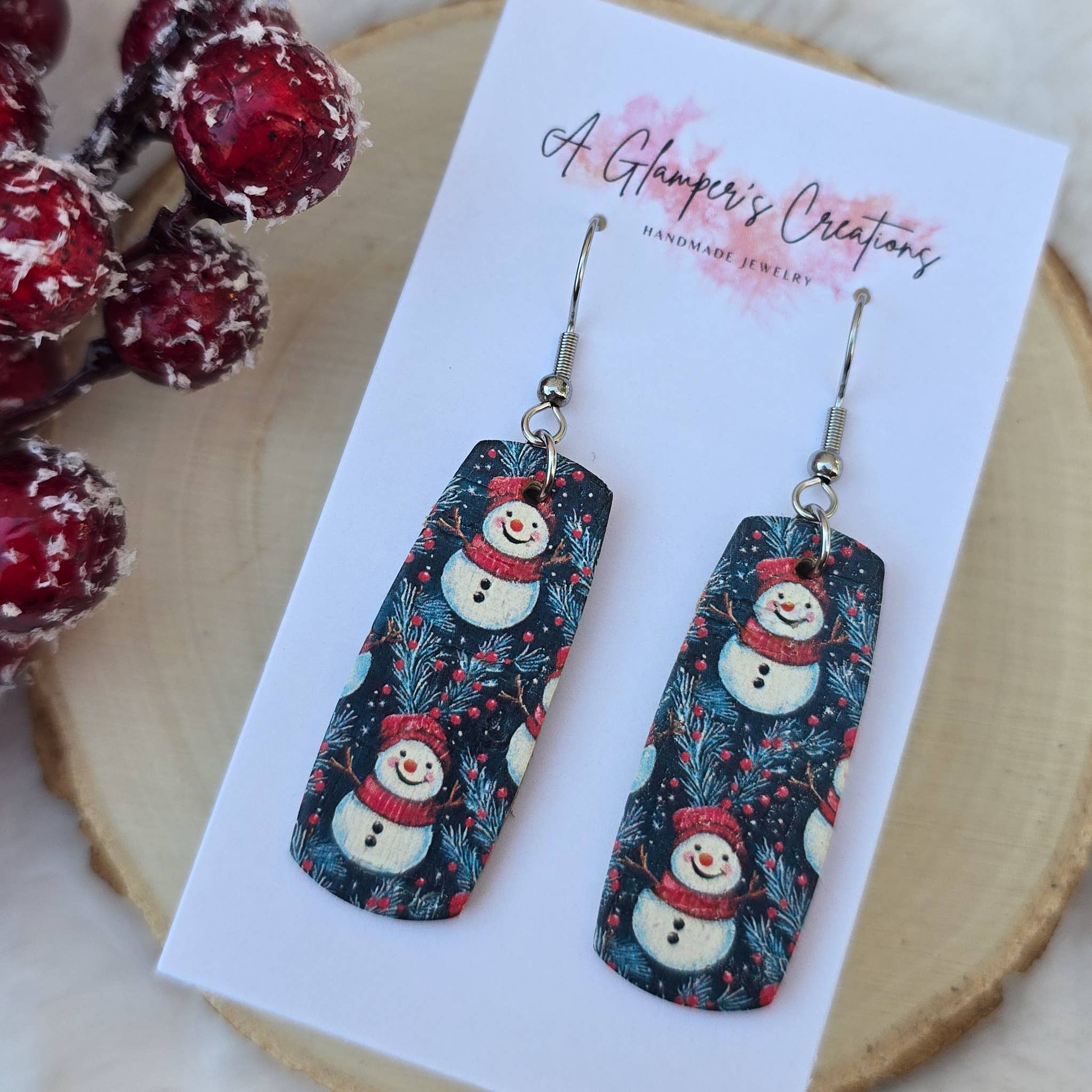 A Glamper's Creations LLC - Wholesale Dangle Earrings - Christmas Snowman Mini Bar Leather Earrings