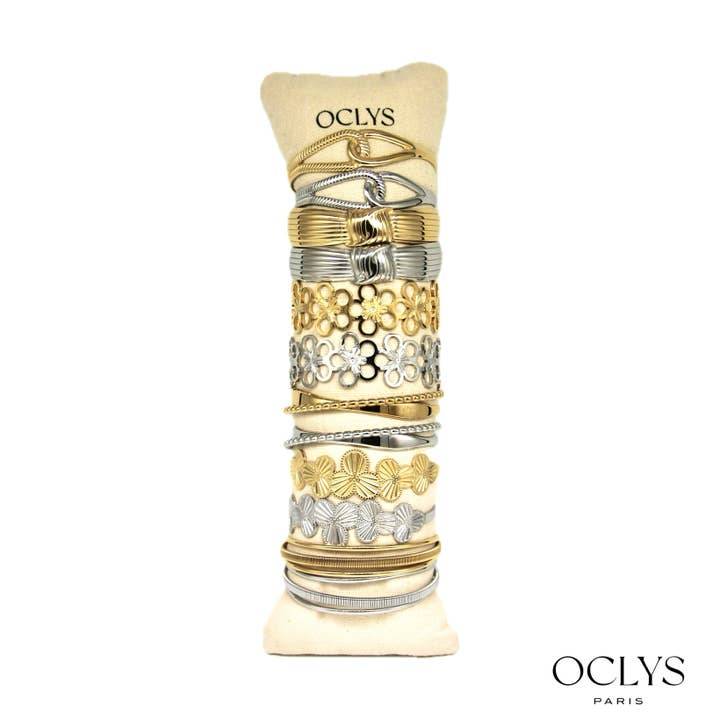 Conjunto de 12 pulseiras de aço inoxidável bicolores Fina por atacado de Oclys