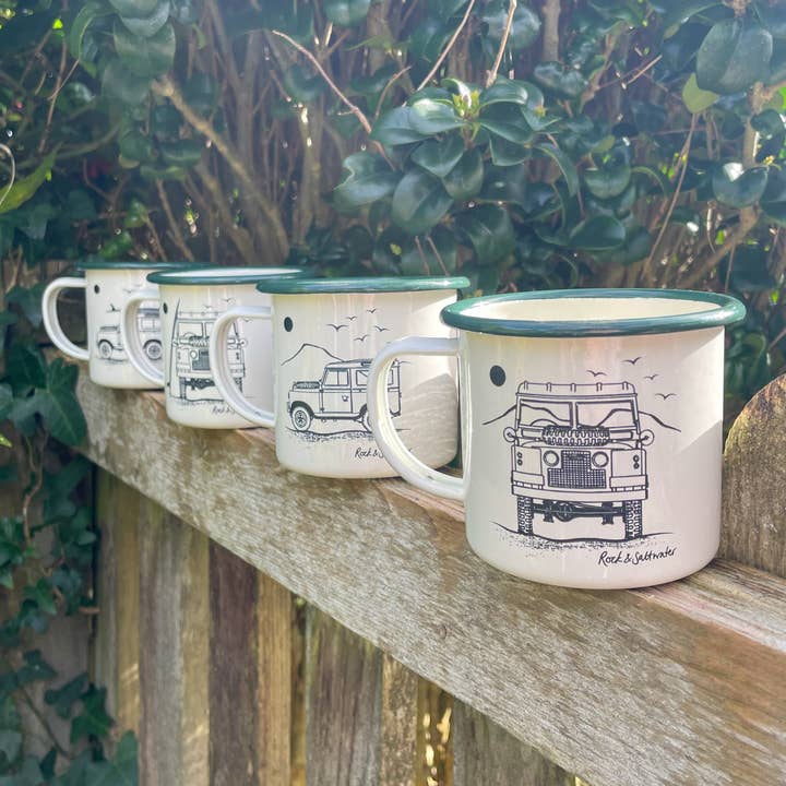 Rock & Saltwater – wholesale Coffee mug – Land Rover front view with mountain enamel mug1