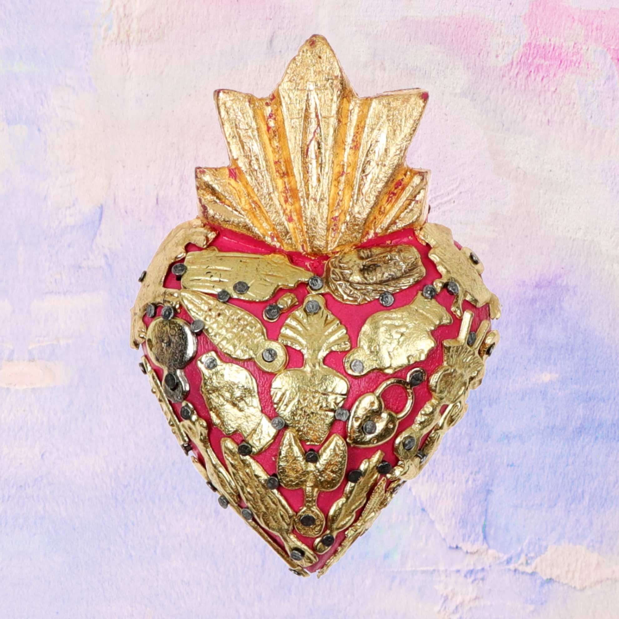 PINK PAMPAS - Wholesale Decorative Tabletop Object - Mini Sacred Heart in Mexican handmade wood with ex vota0