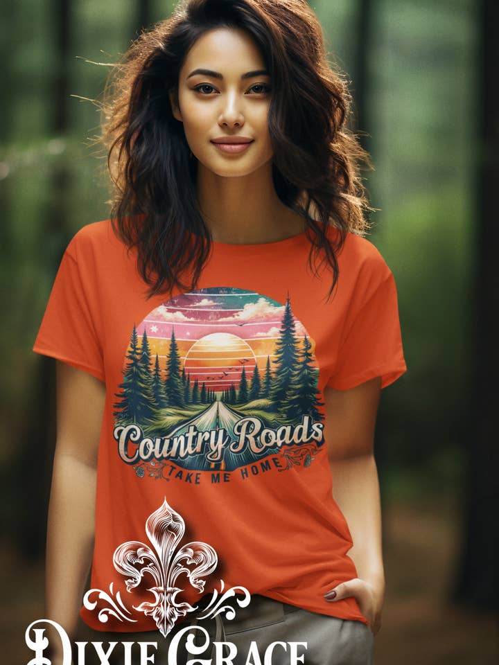 Country Roads - Burnt Orange - Youth, Tank, Sweatshirt, Hoodie Option - Graphic Tee for wholesale by Dixie Grace