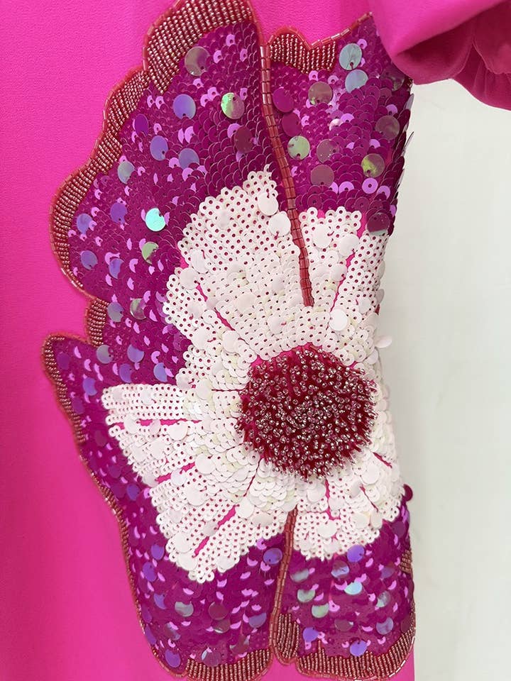 Fuchsia DR752Y Handmade 3D Floral Sequin Beaded Puff Sleeve Dress for wholesale on Faire5