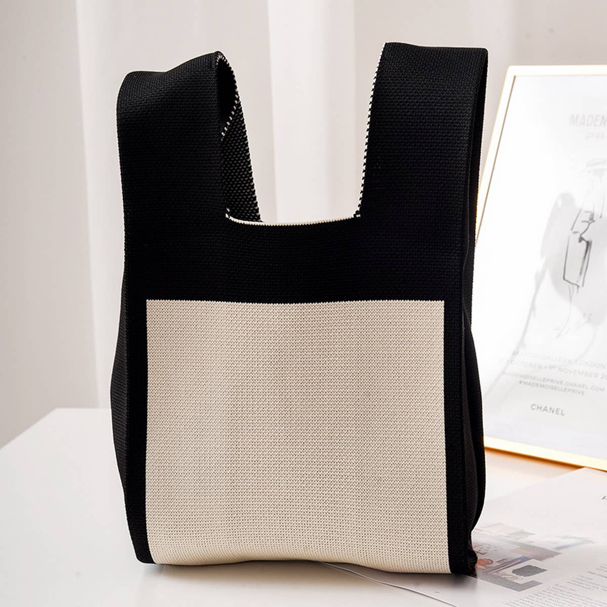 ACCITY - Wholesale Tote Bag - Women's - COW PATTERN CUTE KNOT WRISTLET KNITTED TOTE BAG_CWAB08804