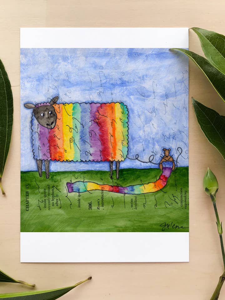 Knitting Sheep & Mouse greeting card for wholesale by Julene Ewert