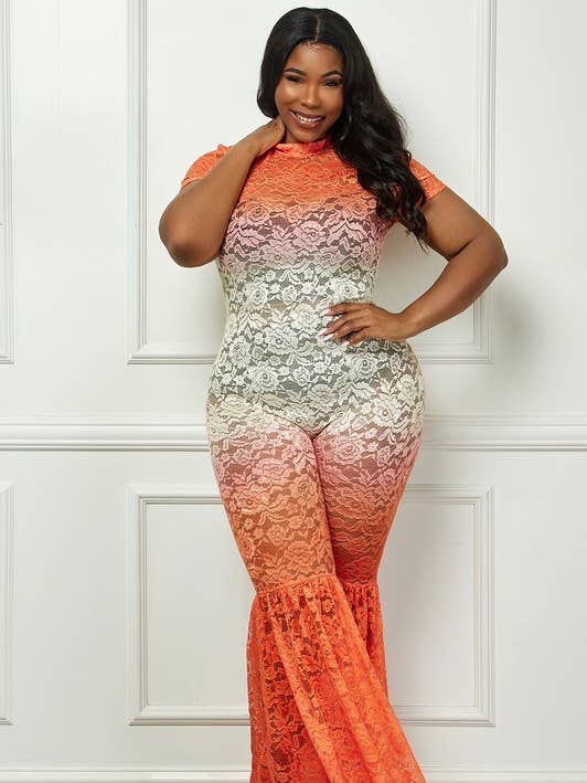 Regular Mock Neck Short Sleeve Bell Bottom Lace Catsuit for wholesale by Namatt Design