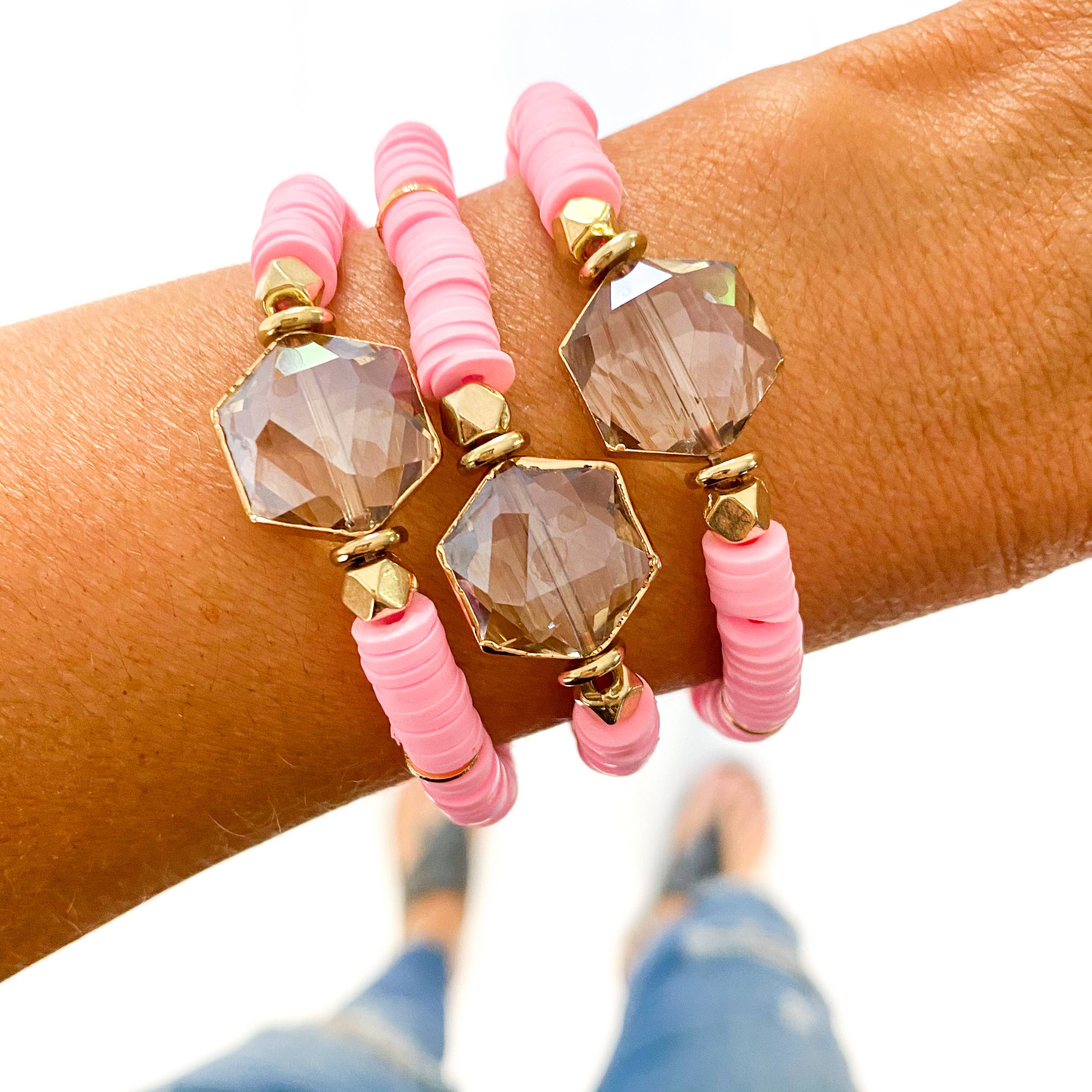 Baby Pink Crystal Glass Stone Heishi Bracelet | Faire.com