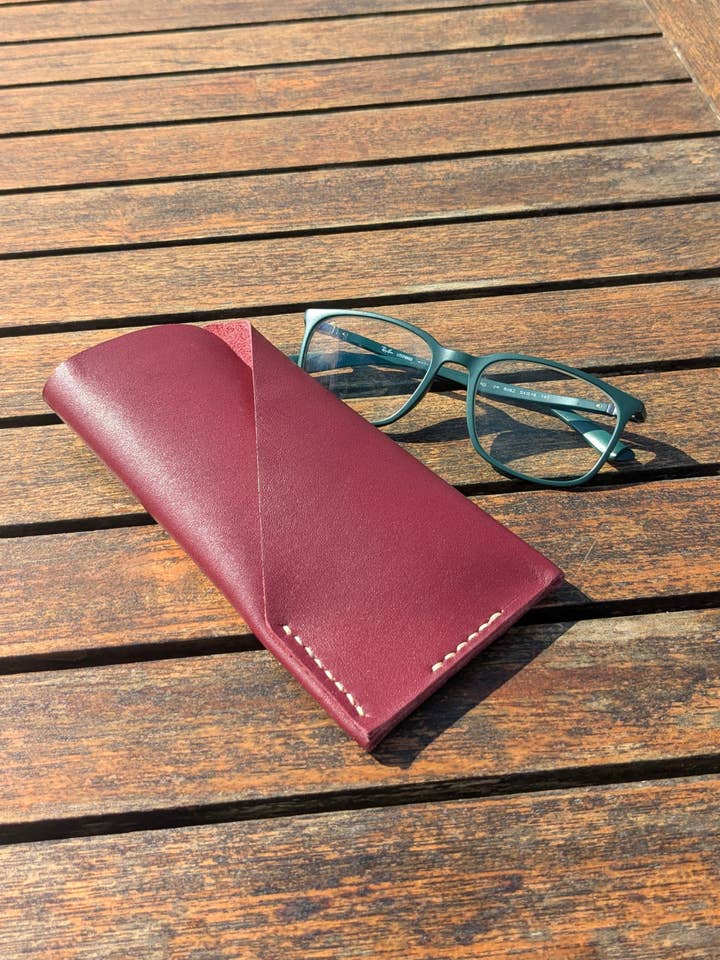Saddle Stitched Leather Sun Glass Case for wholesale by Jane De Bono Textiles England