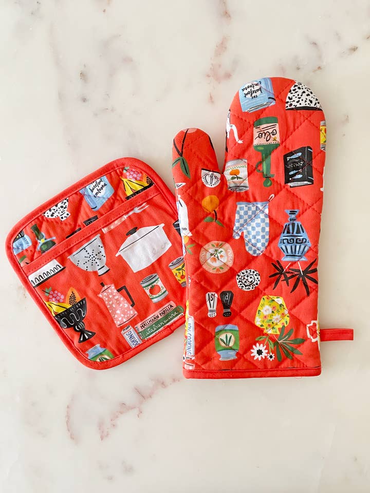Kitchen Shelf Cotton Oven Mitt + Pot Holder Set for wholesale by Idlewild Co.