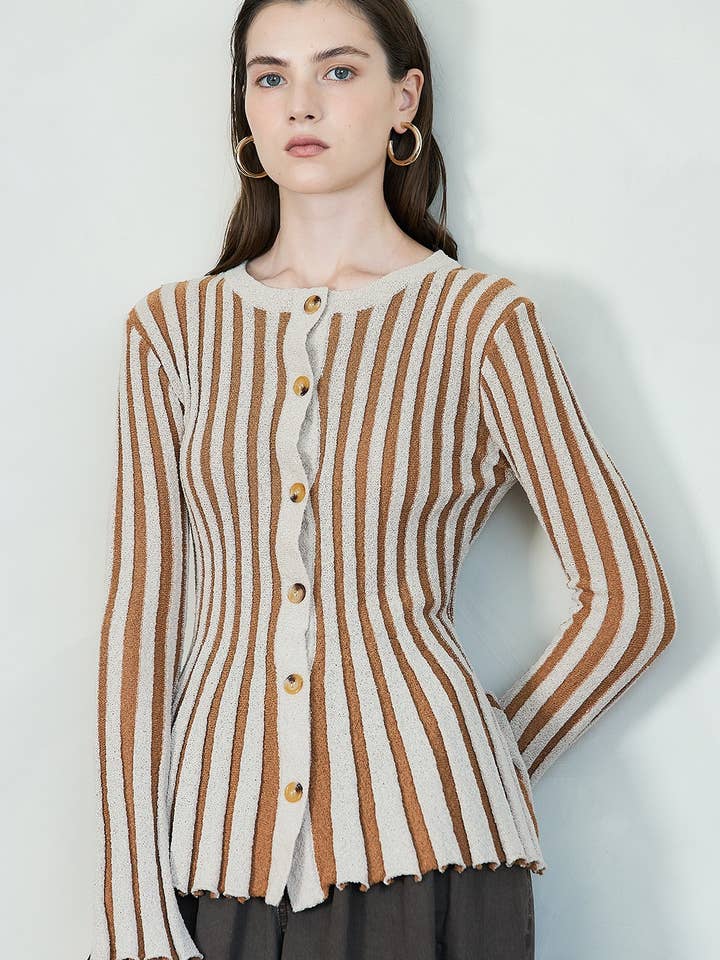 RW1128_Stripe Textured Button-Up Knit Top for wholesale by DRIPSEN